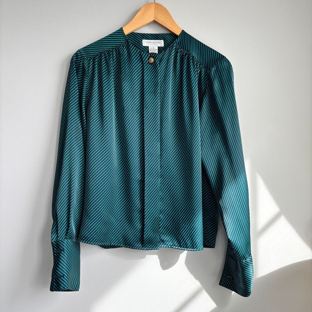 Vintage Jones New York Blouse 4P Green Satin Stripe Gold Button 90s Office Siren